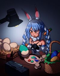 Rule 34 | 1girl, absurdres, animal ear fluff, animal ears, bare shoulders, basket, black gloves, black leotard, blue hair, bow, braid, breasts, brown eyes, carrot hair ornament, commentary, detached sleeves, don-chan (usada pekora), dress, easter, egg, english commentary, food-themed hair ornament, furin94, gloves, hair bow, hair ornament, highres, holding, holding egg, holding paintbrush, hololive, lamp, leotard, long hair, multicolored hair, paintbrush, palette (object), puffy short sleeves, puffy sleeves, rabbit ears, short eyebrows, short sleeves, small breasts, solo, stereo, strapless, strapless dress, strapless leotard, table, thick eyebrows, twin braids, twintails, two-tone hair, usada pekora, usada pekora (1st costume), v-shaped eyebrows, very long hair, virtual youtuber, white bow, white dress, white hair, white sleeves