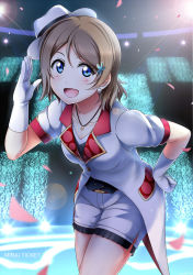 Rule 34 | 10s, 1girl, :d, blue eyes, coattails, earrings, flower, frilled shorts, frills, gloves, glowstick, grey hair, hair flower, hair ornament, hand on own hip, hat, highres, jewelry, leaning forward, looking at viewer, love live!, love live! school idol festival, love live! sunshine!!, mirai ticket, open mouth, pendant, petals, salute, shiimai, short hair, short sleeves, shorts, side slit, smile, solo, song name, stage lights, watanabe you, white gloves