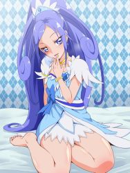 Rule 34 | 1girl, argyle, argyle background, argyle clothes, barefoot, blue background, blue dress, blue eyes, blue hair, blush, bracelet, breasts, brooch, choker, collarbone, crystal earrings, cure diamond, dokidoki! precure, dress, earrings, forehead, hand to own mouth, heart, heart brooch, hishikawa rikka, jewelry, lips, looking at viewer, on bed, open mouth, ponytail, precure, puffy sleeves, sash, sitting, small breasts, smile, thighs, tiara, tj-type1, yellow choker