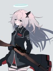 Rule 34 | 1girl, absurdres, ambriel (arknights), arknights, black thighhighs, blush, bolt action, choker, coat, food, food in mouth, gloves, grey background, grey eyes, gun, halo, highres, holding, holding gun, holding weapon, infection monitor (arknights), kisaragimion, lee-enfield, long hair, open clothes, open coat, pink hair, pocky, rifle, side ponytail, simple background, solo, thighhighs, weapon