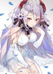 Rule 34 | 1girl, alternate costume, antenna hair, armpits, azur lane, between legs, blue gemstone, blush, breasts, bridal gauntlets, bridal veil, brown eyes, commentary, cross, dress, finger to mouth, gem, gloves, hair between eyes, hand between legs, hayashi kewi, headgear, iron cross, large breasts, leaning forward, long hair, looking at viewer, mole, mole on breast, multicolored hair, parted lips, petals, prinz eugen (azur lane), prinz eugen (symphonic fate) (azur lane), red hair, see-through, sideboob, sidelocks, silver hair, simple background, smile, solo, streaked hair, two side up, upper body, veil, very long hair, wedding dress, white dress, white gloves