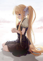 Rule 34 | 1girl, absurdres, air (visual novel), almic, ascot, black dress, blonde hair, blue eyes, blush, closed mouth, cloud, dress, from side, full body, grey shirt, highres, kamio misuzu, long hair, looking at viewer, looking to the side, pinafore dress, ponytail, profile, puffy short sleeves, puffy sleeves, red ascot, shirt, short sleeves, sidelocks, sideways glance, signature, sitting, sleeveless dress, solo, straight hair, very long hair, yokozuwari