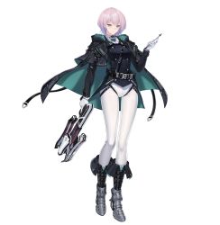 Rule 34 | 1girl, absurdres, aqua eyes, arm at side, armored boots, boots, closed mouth, counter:side, fold-over boots, full body, gloves, hand up, highres, holding, holding weapon, jacket, jacket on shoulders, knee boots, looking at viewer, official art, open clothes, open jacket, pants, pink hair, scar, scar across eye, short hair, simple background, solo, transparent background, weapon, white gloves, white pants