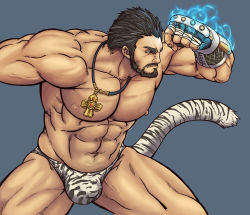 Rule 34 | 1boy, abs, alternate skin color, animal print, bara, beard, bikini briefs, blue male underwear, briefs, bulge, cross, cross necklace, dark-skinned male, dark skin, dungeon and fighter, facial hair, feet out of frame, fighting stance, from side, highres, jewelry, kemonomimi mode, large pectorals, male focus, male priest (dungeon and fighter), male pubic hair, male underwear, mature male, multicolored hair, muscular, muscular male, mustache, navel, necklace, nipples, original, pectorals, pubic hair, ryans, short hair, solo, stomach, streaked hair, tail, thick thighs, thighs, tiger print, tiger tail, topless male, underwear, underwear only, white hair, white male underwear