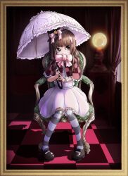 Rule 34 | black hat, blunt bangs, blush, bow, brown eyes, brown hair, capelet, chair, character request, checkered capelet, checkered floor, curtains, dress, framed, frilled capelet, frilled cuffs, frilled dress, frills, futaba channel, hat, hat bow, holding, indoors, kurono (kurono), lamp, long hair, mary janes, mini hat, parasol, pink bow, shadow, shoes, sitting, smile, solo, striped clothes, striped thighhighs, thighhighs, umbrella, white dress