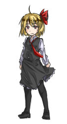 Rule 34 | 1girl, black footwear, black skirt, black thighhighs, blonde hair, blouse, clenched hands, expressionless, frilled skirt, frills, full body, hair ribbon, long sleeves, looking at viewer, loose necktie, mousoumousoumousou, necktie, red eyes, red necktie, red ribbon, ribbon, rumia, shirt, shoes, short hair, skirt, solo, thighhighs, touhou, vest, white background
