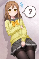 Rule 34 | 1girl, ?, black pantyhose, bow, bowtie, brown hair, collarbone, commentary request, cowboy shot, dot nose, double-parted bangs, flying sweatdrops, green sailor collar, green skirt, grey background, hair between eyes, highres, jacket, kunikida hanamaru, long sleeves, looking at viewer, love live!, love live! sunshine!!, medium hair, open mouth, pantyhose, petchti, rabineru, sailor collar, shadow, skirt, skirt hold, solo, spoken question mark, yellow bow, yellow bowtie, yellow eyes, yellow jacket