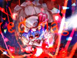 Rule 34 | &gt;:d, 1girl, :d, blush, crossed arms, dress, fang, female focus, hat, kinkirara, looking at viewer, magic, mob cap, open mouth, purple hair, queen qko, red eyes, red theme, remilia scarlet, short hair, smile, solo, touhou, upper body, v-shaped eyebrows, white dress, wrist cuffs
