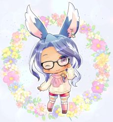 Rule 34 | 1girl, ;), animal ear fluff, animal ears, aran sweater, warrior of light (ff14), black-framed eyewear, blue background, blue flower, blue hair, blush, brown footwear, cable knit, character request, chibi, closed mouth, commission, dark-skinned female, dark skin, facial mark, final fantasy, final fantasy xiv, floral background, flower, full body, glasses, hand up, kou hiyoyo, long hair, long sleeves, looking at viewer, one eye closed, over-kneehighs, pink flower, pink thighhighs, puffy long sleeves, puffy sleeves, purple eyes, rabbit ears, red shorts, short shorts, shorts, sleeves past wrists, smile, solo, standing, sweater, swept bangs, thighhighs, very long hair, white flower, white sweater, yellow flower