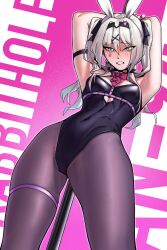 Rule 34 | 1girl, an-94 (girls&#039; frontline), armpits, black leotard, blonde hair, blush, breasts, clothing cutout, detached collar, embarrassed, emile aoi, facial mark, girls&#039; frontline, hair between eyes, hair ribbon, hairband, heart cutout, highres, leotard, long hair, pantyhose, playboy bunny, pole, pole dancing, rabbit hole (vocaloid), ribbon, small breasts, solo, stripper pole, teardrop facial mark, thigh strap, thighs, twintails, vocaloid, wrist cuffs