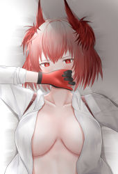 Rule 34 | 1girl, absurdres, arknights, arm up, bed sheet, black gloves, blush, breasts, breasts apart, bright pupils, collarbone, collared shirt, covering own mouth, feather hair, fiammetta (arknights), from above, gloves, gradient hair, highres, large breasts, long sleeves, looking at viewer, lying, multicolored hair, naked shirt, no bra, on back, on bed, red eyes, red gloves, red hair, shirt, short hair, silver hair, solo, upper body, v-shaped eyebrows, white shirt, woon