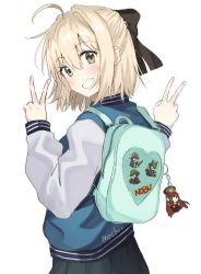 Rule 34 | 1girl, ahoge, aqua nails, artist name, backpack, bag, bag charm, blonde hair, blush, character charm, character doll, character print, charm (object), commentary, double v, english commentary, fate/grand order, fate (series), fingernails, from behind, green eyes, grin, hair between eyes, hair ribbon, half updo, hands up, heart, highres, jacket, koha-ace, long sleeves, looking at viewer, looking back, mochii, nail polish, oda nobunaga (fate), oda nobunaga (koha-ace), okita souji (fate), okita souji (koha-ace), ribbon, short hair, simple background, skirt, smile, solo, standing, v, white background
