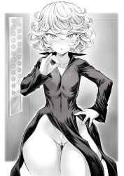 Rule 34 | 1girl, :o, blush, breasts, cleft of venus, commentary request, cowboy shot, curly hair, dress, flipped hair, gluteal fold, greyscale, hair between eyes, hand on own hip, hand up, handjob gesture, highres, looking at viewer, micro panties, mogudan, monochrome, narrow waist, one-punch man, panties, parted lips, partially visible vulva, short hair, small breasts, solo, standing, straight-on, tatsumaki, thigh gap, thong, underwear, wide hips