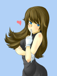 Rule 34 | 1girl, arm under breasts, armpits, artist request, bare shoulders, black dress, blue background, blue eyes, breasts, brown hair, clenched hands, creatures (company), dress, eyelashes, female focus, finger to mouth, game freak, gloves, green (pokemon), heart, index finger raised, long hair, looking at viewer, medium breasts, nintendo, pokemon, pokemon adventures, serious, short dress, side slit, sidelocks, simple background, sleeveless, sleeveless dress, sleeveless turtleneck, standing, tight clothes, tight dress, turtleneck, turtleneck dress, white gloves