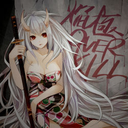 Rule 34 | 1girl, bare shoulders, beatmania, beatmania iidx, black nails, breasts, character request, cleavage, closed mouth, collarbone, expressionless, fingernails, graffiti, hair between eyes, holding, holding sword, holding weapon, horns, japanese clothes, kimono, large breasts, long fingernails, long hair, messy hair, multicolored clothes, nail polish, oni horns, print kimono, red eyes, scabbard, serious, sheath, sheathed, short eyebrows, sitting, solo, song name, stone wall, strapless, sword, thick eyebrows, very long hair, wall, weapon, white hair, yokozuwari, yukiko (yukkyu)