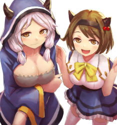 Rule 34 | 10s, 2girls, blush, breasts, brown eyes, brown hair, draph, dress, granblue fantasy, hair bobbles, hair ornament, hairband, hood, horns, kumuyu, kurione (zassou), large breasts, long hair, long sleeves, looking at viewer, low twintails, multiple girls, open mouth, short hair, silver hair, smile, tears, thighhighs, twintails, white legwear, wide sleeves, yaia (granblue fantasy)