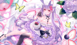 Rule 34 | 1girl, animal ears, bare shoulders, black footwear, black thighhighs, blush, bow, breasts, bug, butterfly, cake, choker, cleavage, closed mouth, dress, eyebrows hidden by hair, fishnet thighhighs, fishnets, flower, food, foot out of frame, fork, fruit, gloves, hair bow, hair flower, hair ornament, hair ribbon, high heels, highres, holding, holding fork, insect, large breasts, long hair, looking at viewer, original, purple hair, red eyes, ribbon, rose, single fishnet legwear, sitting, smile, solo, strawberry, thighhighs, twintails, wasabi (sekai), yellow butterfly