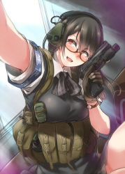 Rule 34 | :d, armband, ayyh, blush, breasts, foreshortening, gloves, gun, handgun, headset, highres, looking to the side, open mouth, original, pistol, pleated skirt, reaching, reaching towards viewer, red eyes, selfie, sig sauer, skirt, smile, solo, trigger discipline, utility vest, vest, watch, weapon, wristwatch