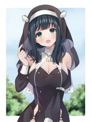 Rule 34 | 1girl, amano nene (vtuber), angel, bare shoulders, blue hair, blush, breasts, cleavage, detached sleeves, green eyes, habit, highres, ichinose (sorario), large breasts, long hair, long sleeves, looking at viewer, low twintails, nun, production kawaii, solo, twintails, virtual youtuber