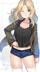 Rule 34 | 10s, 1girl, blonde hair, blue eyes, breasts, cleavage, collarbone, cowboy shot, girls und panzer, gluteal fold, green jacket, hand on own hip, isshiki (ffmania7), jacket, kay (girls und panzer), long hair, long sleeves, looking at viewer, medium breasts, midriff, one eye closed, short shorts, shorts, simple background, sketch, smirk, solo, tank top, thighhighs, twitter username, white thighhighs, wind