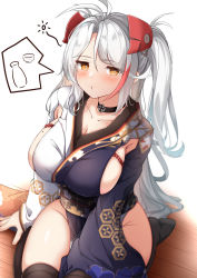 Rule 34 | 1girl, absurdres, antenna hair, azur lane, black choker, black kimono, black thighhighs, blush, breasts, brown eyes, choker, closed mouth, collarbone, commentary request, groin, hair between eyes, hair ornament, headgear, highres, japanese clothes, kimono, large breasts, long hair, long sleeves, looking at viewer, mole, mole on breast, moyoron, multicolored hair, no shoes, obi, official alternate costume, on floor, pelvic curtain, prinz eugen (azur lane), prinz eugen (profusion of flowers) (azur lane), red hair, rope, sash, seiza, sideboob, sitting, solo, speech bubble, streaked hair, thighhighs, two side up, very long hair, white background, white hair, wooden floor