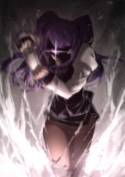 Rule 34 | 1girl, absurdres, artist request, aura, bartender, cocktail shaker, crossover, dark aura, girls&#039; frontline, glowing, glowing eye, highres, jill stingray, necktie, pantyhose, power-up, purple hair, shaking, solo, twintails, va-11 hall-a, white eyes