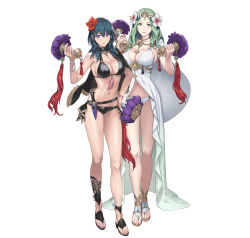 Rule 34 | 2girls, absurdres, bikini, breasts, byleth (female) (fire emblem), byleth (female) (summer) (fire emblem), byleth (fire emblem), cape, cleavage, closed mouth, cuboon, dagger, dual wielding, fire emblem, fire emblem: three houses, fire emblem heroes, flower, full body, green eyes, green hair, hair ornament, hand on own hip, highres, holding, knife, large breasts, lips, long hair, looking at viewer, multiple girls, nail polish, navel, nintendo, official alternate costume, official art, purple eyes, rhea (fire emblem), sandals, shiny skin, simple background, smile, standing, stomach, swimsuit, toes, weapon, white background