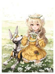 Rule 34 | 1girl, :d, blonde hair, blush, brown capelet, capelet, dress, field, flower, flower field, flower wreath, frills, goddess of victory: nikke, hair ornament, highres, holding, hood, hooded capelet, liter (cute sunflower) (nikke), liter (nikke), long sleeves, non-humanoid robot, official alternate costume, ohbuya, open mouth, pom pom (clothes), pom pom hair ornament, robot, robot animal, robot dog, short hair, sitting, smile, volt (nikke), yellow dress, yellow eyes