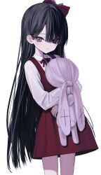 Rule 34 | 1girl, absurdres, bad link, black eyes, black hair, blush, bow, cowboy shot, dress, expressionless, hair bow, hair over one eye, highres, holding, holding stuffed toy, long hair, looking at viewer, neck ribbon, nitrio, original, parted lips, pinafore dress, red bow, red dress, red ribbon, ribbon, shirt, simple background, sleeveless, sleeveless dress, solo, stuffed animal, stuffed rabbit, stuffed toy, very long hair, white background, white shirt