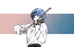 Rule 34 | 1boy, aoyagi touya, blouse, blue eyes, blue shirt, commentary request, frost krx7, grey eyes, highres, holding instrument, holding violin, instrument, korean commentary, looking to the side, male focus, multicolored hair, music, open clothes, open shirt, playing instrument, project sekai, rain, shirt, solo, split-color hair, upper body, violin