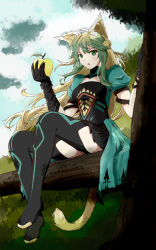 Rule 34 | 1girl, absurdres, ahoge, animal ears, apple, atalanta (fate), braid, day, fate/apocrypha, fate (series), food, fruit, full body, gauntlets, golden apple, green eyes, green hair, highres, holding, holding food, holding fruit, kwanchung ho, looking at viewer, open mouth, outdoors, sidelocks, sitting, solo, tail, tree