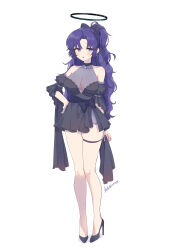 Rule 34 | 1girl, absurdres, alternate costume, ash (cat7evy), black dress, blue archive, blush, bow, breasts, cleavage, collarbone, dress, full body, hair bow, halo, hand on own hip, highres, large breasts, looking at viewer, parted bangs, plunging neckline, purple hair, see-through, see-through cleavage, signature, simple background, solo, thigh strap, white background, yuuka (blue archive)