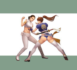 Rule 34 | 2girls, absurdres, ahoge, ass, back, blouse, blue panties, boots, breasts, brown eyes, brown hair, cirenk, clenched teeth, crossover, dead or alive, eye contact, female focus, fighting, floating hair, from behind, full body, highres, kasumi (doa), katana, large breasts, legs, legs apart, lips, long hair, looking at another, medium hair, midriff, motion blur, multiple girls, navel, padme amidala, panties, pants, ponytail, punching, sandals, shirt, side-tie panties, simple background, skindentation, standing, star wars, star wars: attack of the clones, stomach punch, sword, tecmo, teeth, thighhighs, thighs, underwear, weapon, white legwear, white pants, white shirt