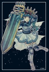 Rule 34 | 1girl, aqua eyes, aqua gemstone, aqua hair, aqua sweater, arm up, armor, armored boots, black background, blunt bangs, blush, boots, border, breastplate, brown gloves, crown, frilled skirt, frills, full body, futaba sana, gem, gloves, grey footwear, highres, holding, holding shield, leg up, looking at viewer, magia record: mahou shoujo madoka magica gaiden, magical girl, mahou shoujo madoka magica, medium hair, miniskirt, outline, outside border, parted lips, pleated skirt, ribbed sweater, shield, sidelocks, signature, skirt, solo, sweater, thigh boots, turtleneck, turtleneck sweater, twintails, uwded 207, veil, wavy hair, white border, white outline, white skirt