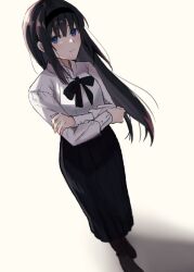 Rule 34 | 1girl, black footwear, black hair, black hairband, black skirt, blue eyes, bow, closed mouth, commentary, crossed arms, dutch angle, full body, hairband, highres, long hair, long sleeves, looking at viewer, n2i2ra, shirt, simple background, skirt, solo, standing, tohno akiha, tsukihime, very long hair, white background, white shirt