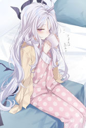 Rule 34 | 1girl, ahoge, bed sheet, blanket, blue archive, blush, cup, flying sweatdrops, half-closed eyes, highres, hina (blue archive), hina (pajamas) (blue archive), holding, holding cup, horns, jacket, long hair, looking at viewer, mug, multiple horns, official alternate costume, on bed, pajamas, pillow, polka dot, polka dot pajamas, ponpon nun, profile, silver hair, sitting, solo, very long hair, yellow jacket