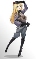Rule 34 | 1girl, :d, absurdres, ammunition pouch, black footwear, black gloves, blonde hair, blue eyes, boots, bow, full body, gloves, grey pants, gun, hair bow, highres, holding, holding gun, holding weapon, jacket, katachi noboru nishikino, long hair, long sleeves, looking at viewer, magpul fmg-9, night vision, open mouth, pants, pouch, purple jacket, shadow, smile, solo, standing, submachine gun, thigh boots, toshinou kyouko, trigger discipline, weapon, white background, yuru yuri