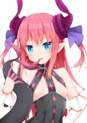 Rule 34 | 1girl, arm up, blue eyes, breasts, elizabeth bathory (fate), elizabeth bathory (fate/extra ccc), elizabeth bathory (first ascension) (fate), eyes visible through hair, fang, fate/grand order, fate (series), finger cots, hair ornament, highres, holding, horns, kamu (geeenius), licking, long hair, looking at viewer, open mouth, pink hair, pointy ears, saliva, sidelocks, simple background, small breasts, tongue, tongue out