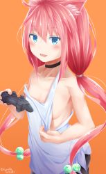 Rule 34 | 1girl, :d, absurdres, animal ear fluff, animal ears, bad id, bad pixiv id, bare arms, bare shoulders, black choker, blue eyes, blush, breasts, cat ears, choker, collarbone, commentary request, controller, game controller, hair between eyes, hair bobbles, hair ornament, highres, hinata channel, holding, long hair, looking at viewer, low-tied long hair, low twintails, nekomiya hinata, open mouth, orange background, pink hair, shirt, sideboob, sidelocks, simple background, small breasts, smile, solo, tank top, tateishi kureha, twintails, twitter username, very long hair, virtual youtuber, white shirt