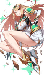 Rule 34 | 1girl, absurdres, blonde hair, breasts, cleavage, cleavage cutout, clothing cutout, green322, highres, jewelry, large breasts, long hair, miniskirt, mythra (xenoblade), skindentation, skirt, solo, thighhighs, xenoblade chronicles (series), xenoblade chronicles 2, yellow eyes