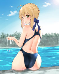 Rule 34 | 1girl, absurdres, ahoge, alternate costume, artoria pendragon (all), artoria pendragon (fate), ass, back, blonde hair, blue bow, blue one-piece swimsuit, bow, competition swimsuit, day, fate/stay night, fate (series), from behind, green eyes, hair bow, hair bun, highres, looking back, one-piece swimsuit, outdoors, pool, poolside, saber (fate), sarfata, sidelocks, single hair bun, sitting, sky, soaking feet, solo, swimsuit, water, wet, wet clothes