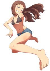 Rule 34 | 1girl, arm behind back, artist request, barefoot, bikini, black bikini, breasts, brown hair, cleavage, clenched teeth, collarbone, denim, denim shorts, eyelashes, feet, female focus, floating hair, forehead, full body, grin, groin, head tilt, highres, idolmaster, idolmaster cinderella girls, knees together feet apart, koseki reina, legs, long hair, looking at viewer, lying, mesugaki, midriff, namco, navel, neck, on side, open clothes, open shorts, parted lips, purple eyes, short shorts, shorts, sidelocks, simple background, small breasts, smile, swimsuit, teeth, thighs, toenails, toes, v-shaped eyebrows, white background