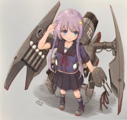 Rule 34 | 1girl, black legwear, black serafuku, black skirt, blue eyes, crescent, crescent hair ornament, dated, depth charge, depth charge projector, from above, full body, grey footwear, hair ornament, hand in own hair, highres, kantai collection, looking to the side, machinery, midriff, munehiro (21plus), pleated skirt, purple hair, school uniform, searchlight, serafuku, short hair, short hair with long locks, skirt, solo, torpedo, turret, twitter username, yayoi (kancolle)