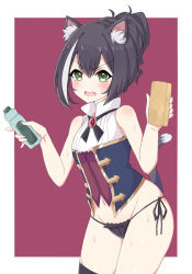 Rule 34 | 1girl, animal ear fluff, animal ears, bare shoulders, black hair, black panties, black thighhighs, blush, border, bottle, cat ears, cat girl, cat tail, commentary request, cowboy shot, frilled panties, frills, green eyes, groin, holding, holding bottle, holding sponge, k-y, karyl (princess connect!), long hair, looking at viewer, multicolored clothes, multicolored hair, navel, open mouth, outside border, panties, ponytail, princess connect!, purple background, side-tie panties, simple background, sleeveless, solo, sponge, streaked hair, sweat, tail, thighhighs, underwear, v-shaped eyebrows, white border, white hair