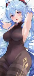 Rule 34 | 1girl, absurdres, ahoge, armpits, arms behind head, arms up, bare shoulders, black leotard, blue hair, blush, bodystocking, breasts, covered navel, detached sleeves, dx (xxer4838), ganyu (genshin impact), genshin impact, hair between eyes, highleg, highleg leotard, highres, horns, leotard, long hair, looking at viewer, medium breasts, open mouth, pantyhose, purple eyes, solo, thighs, very long hair, white sleeves