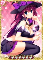 Rule 34 | 10s, 1girl, black skirt, black thighhighs, blue eyes, breasts, card (medium), cleavage, female focus, grisaia (series), grisaia no kajitsu, hat, large breasts, long hair, looking at viewer, pleated skirt, purple hair, skirt, solo, strapless, suou amane, thighhighs, witch hat