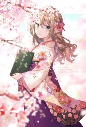 Rule 34 | 1girl, blurry, blurry foreground, blush, braid, branch, brown hair, cherry blossoms, closed mouth, commentary request, depth of field, floral print, flower, from side, green eyes, hair between eyes, hair flower, hair ornament, hakama, hakama skirt, highres, holding, japanese clothes, kimono, long hair, long sleeves, looking at viewer, looking to the side, nekozuki yuki, original, petals, pink flower, print kimono, purple hakama, red flower, skirt, smile, solo, translation request, twitter username, watermark, white flower, white kimono, wide sleeves