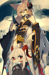Rule 34 | 2girls, absurdres, animal ear fluff, animal ears, bell, black kimono, detached sleeves, fenrir (ghost (tama)), fish, fox mask, ghost (tama), hanah (populamalus), highres, horns, in mouth, japanese clothes, kimono, looking to the side, mask, mask on head, multiple girls, neck bell, obi, original, red eyes, sash, squid, swordfish, wolf ears, wolf girl, yellow eyes