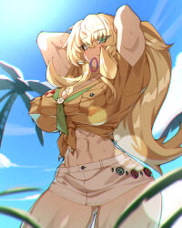 Rule 34 | 1girl, abs, absurdres, arms behind head, arms up, barghest (fate), barghest (swimsuit archer) (fate), barghest (swimsuit archer) (first ascension) (fate), biceps, blonde hair, blue sky, blush, breasts, cleavage, fate/grand order, fate (series), green eyes, grey skirt, high ponytail, highres, hyperbudd, large breasts, long hair, looking at viewer, midriff, miniskirt, mouth hold, muscular, muscular female, navel, neckerchief, palm tree, pencil skirt, shirt, short sleeves, sidelocks, skirt, sky, solo, thick thighs, thighs, tied shirt, tree, yellow shirt