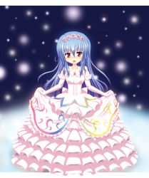 Rule 34 | 1girl, absurdres, adapted costume, alternate costume, bad id, bad pixiv id, bare shoulders, blue hair, blush, brooch, choker, clothes lift, collarbone, dress, dress lift, elbow gloves, female focus, flower, frills, gathers, gloves, hair flower, hair ornament, highres, hinanawi tenshi, jewelry, light particles, long hair, no headwear, no headwear, open mouth, pink flower, pink rose, red eyes, rose, skirt hold, smile, solo, takatsuki satoshi, touhou, wedding dress